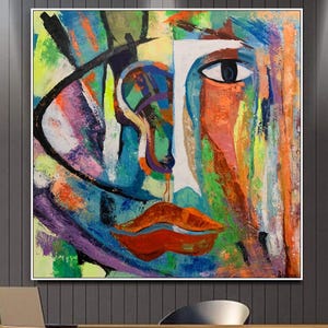 Colorful Abstract Face Painting – Modern Cubist Canvas
