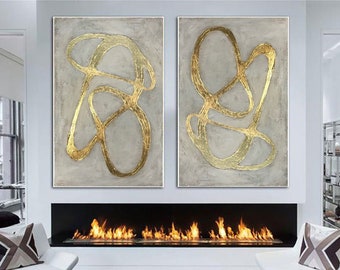 Large Abstract Set of 2 Gray Paintings On Canvas Original Gold Leaf Unique Fine Art Creative Handmade Artwork As Living Room Wall Decor
