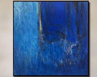 Dipinto su tela di grandi dimensioni Dipinti blu su tela Pittura astratta moderna Arte della parete incorniciata Pittura unica Arte della parete del soggiorno moderna