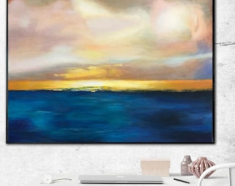 Abstract Sunset Painting: Blue Ocean, Gold Horizon, Fine Art