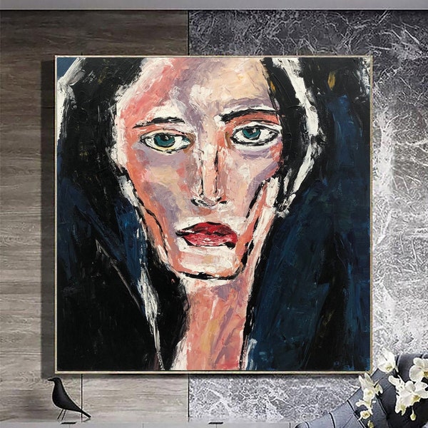 Extra Large Oil Painting Canvas Abstract Face Artwork Abstract Face Painting Modern Painting on Canvas Woman Face Painting for Living Room