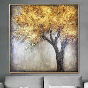 Golden Tree Abstract Painting: Textured Nature Art on Canvas