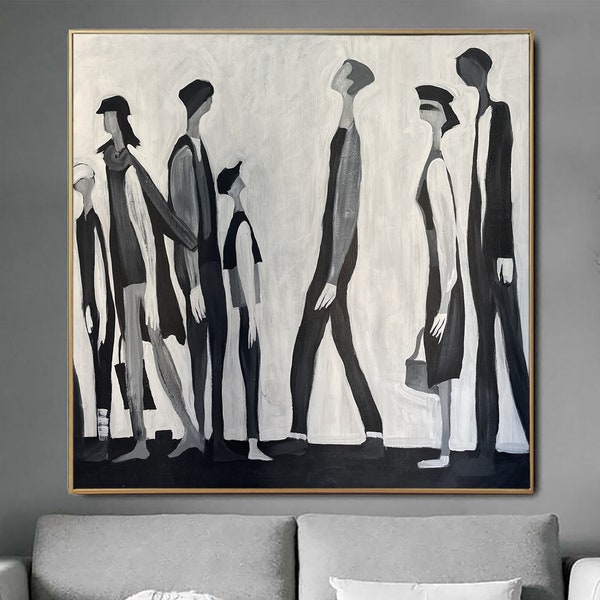 Originele abstracte mensen schilderijen op canvas zwart-wit figuratieve kunst getextureerde minimalistische schilderij muur decor