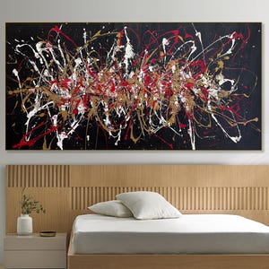 Large Jackson Pollock Style Abstract Drip Painting Red Gold Splatter Art