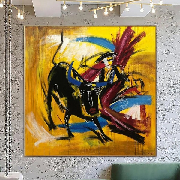 Abstract Wall Art Bullfight Painting Corrida Wall Art Yellow Paintings On Canvas Modern Wall Art Living Room Wall Art