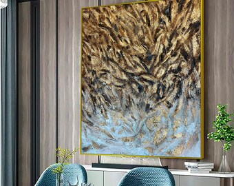 Gold Textured Abstract Painting - Teal Accent Wall Art, Modern Minimalist Canvas Decor