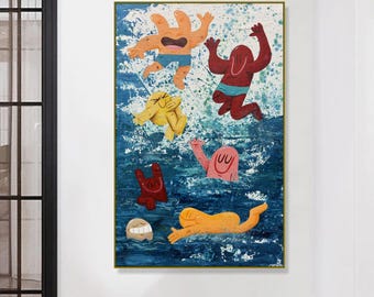 Colorful Pop Art Swimming Cartoon Characters Painting Playful Decor 23.6"x15.7"