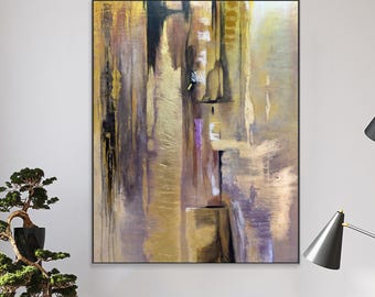 Large Gold Leaf Abstract Painting: Textured Acrylic Canvas Art (72"x54")