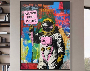 Abstract Astronaut Paintings On Canvas Vibrant Graffiti Art Pop Art Love Message Romantic Sign Wall Decor 51.2"x39.4"