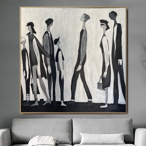 Queue painting, black white art, minimalist hanging, abstract crowd decor