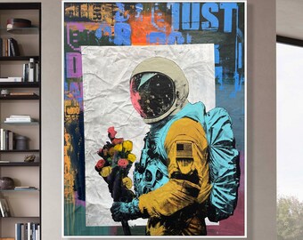 Abstract Astronaut with Bouquet Paintings On Canvas Modern Pop Graffiti Art Romantic Painting Wall Decor  51.2"x39.4"