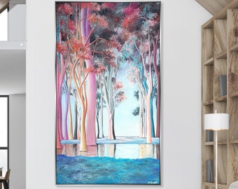 Abstract Fantasy Forest Painting Pastel Colors Water Reflection Ethereal Trees Art Enchanted Wall Art Modern Acrylic Luxury Art 51"x31.5"