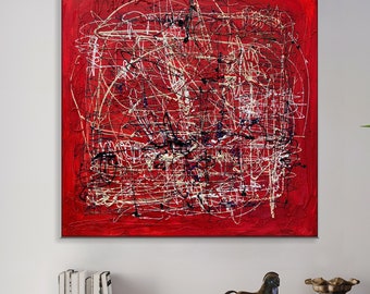 Red abstract canvas wall art, original modern home decor painting, colorful artwork