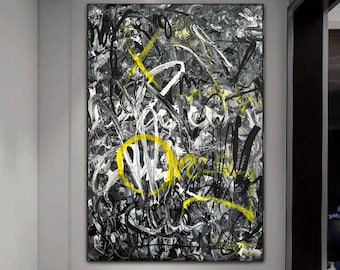 Graffiti Abstract Painting Black White Yellow Urban Textured Wall Art