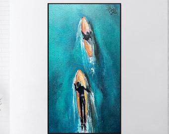 Abstract Surfing Journey Art Water Sports Painting On Canvas Aqua Blue Color Impressionistic Art Ocean Adventure Home Decor 31.5x23.6"