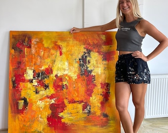 暖色系の抽象アクリル画、24x28 キャンバスのオリジナル、壁アート