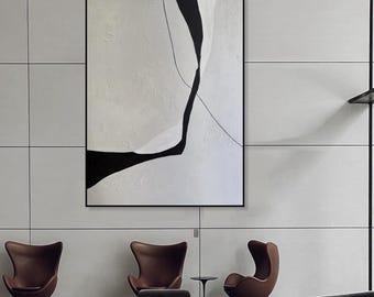 Modern Abstract Black and White Textured Canvas Painting: Minimalist Wall Art (32x24")
