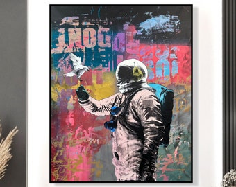 Astronaut And Pigeon Pop Art Paintings Surreal Encounter Painting Spacewalker Modern Art Unique Wall Art Hand Painted Artwork 51x35.4"