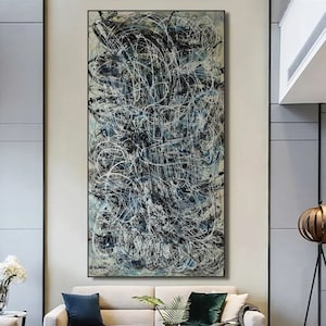 Abstract Expressionist Drip Painting: Black, White & Blue Scribble Art On Canvas