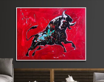 Abstract Bull Painting Vibrant Energy Art On Red Canvas Expressionist Animal Art Dynamic Strokes Painting Hand Painted Art for Decor 34x46"