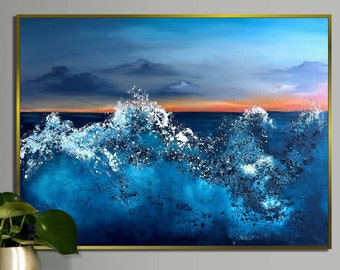 Dynamic Textured Ocean Wave Painting Vivid Blue Abstract Seascape with Sunset Hues Nautical Maritime Art for Coastal Decor 23.6x35.4"