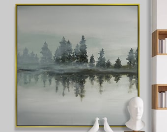 Serene Misty Forest Landscape Painting Minimalist Zen Wall Art with Water Reflections in Soft Gray Tones Calm and Tranquil Decor 11.8X11.8"