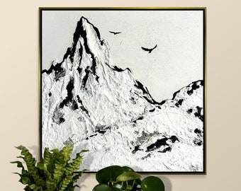 Dramatic Monochrome Mountain Impasto Painting Modern Abstract Landscape Black and White Wall Art with Soaring Birds Rich Textured 11.8x11.8"