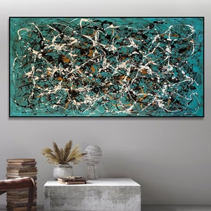 Turquoise Pollock-Style Drip Painting: Modern Abstract Art on Canvas