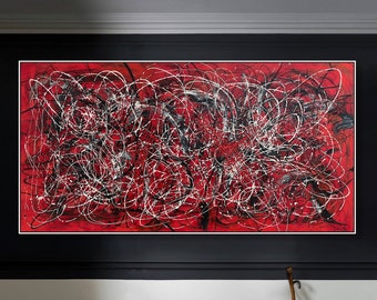 Large Abstract Landscape Painting Jackson Pollock Style Red And Black Art Modern Painting Original Minimalist Art Frame Painting 39.4x78.7"