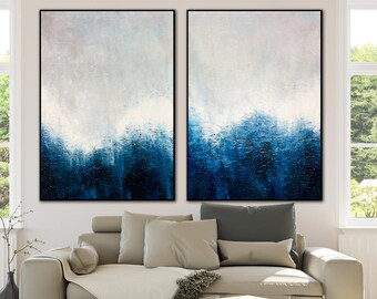 Large Abstract Oceanic Horizon Diptych Set of 2 Paintings On Canvas Blue Palette Knife Art Modern Textured Oil Painting for Indie Room Decor