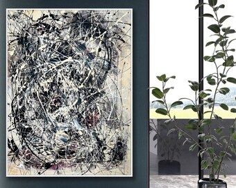 Original Colorful Curved Lines Acrylic Painting Abstract Jackson Pollock Style Artwork Decor for Home GRAY CONFUSION