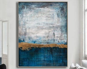 Moderne oceaanmuurkunst marineblauw schilderij bladgoud schilderij zware getextureerde kunst handgeschilderde artwork zeegezicht schilderij minimalistisch schilderij