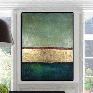 Original Paintings On Canvas Green Painting Canvas Acrylic Modern Painting Gold Leaf Abstract Paintings Living Room Wall Art Framed image 1
