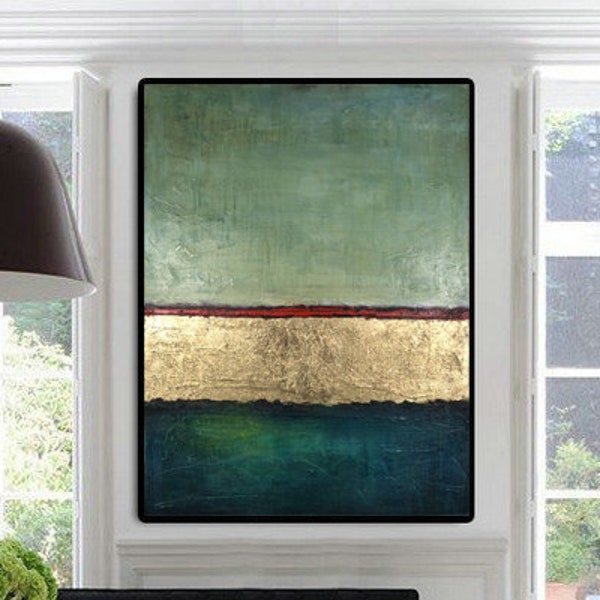 Original Paintings On Canvas Green Painting Canvas Acrylic Modern Painting Gold Leaf Abstract Paintings Living Room Wall Art Framed