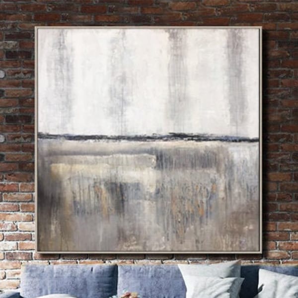 Grandes pinturas minimalistas abstractas sobre lienzo Pintura blanca y gris Pintura acrílica de bellas artes texturizada original para la decoración de la pared de la sala de estar