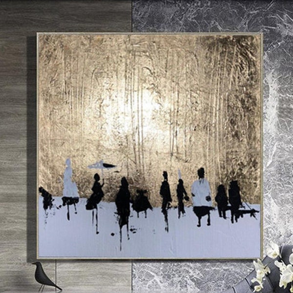 Oversize Artwork Large Human Abstract Painting Oil Painting Abstract Modern Canvas Gold Leaf Painting Gray Painting Living Room Decor