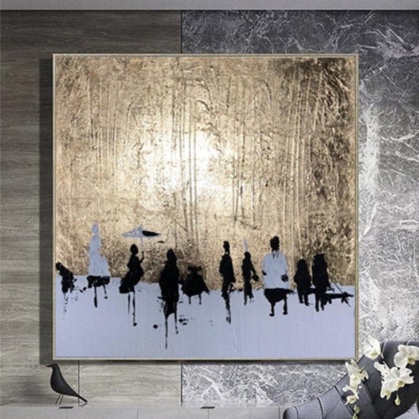 Arte abstracto de personas en oro: pintura mural figurativa moderna