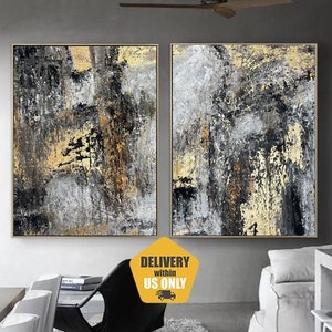 Abstract Diptych Gold and Black Modern Paintings On Canvas Textured Art Luxury Statement Wall Decor for Elegant Living Room 2P 30&quot;x46&quot;
