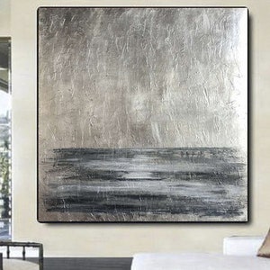 Abstract schilderij met bladzilver: grijze kunst op canvas met textuur