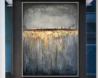 Large Abstract Painting Canvas Grey Abstract Art Gold Painting Simple Abstract Art Minimal Abstract Art Huge Wall Art Framed Wall Art