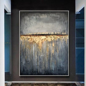 Large Abstract Painting Canvas Grey Abstract Art Gold Painting Simple Abstract Art Minimal Abstract Art Huge Wall Art Framed Wall Art