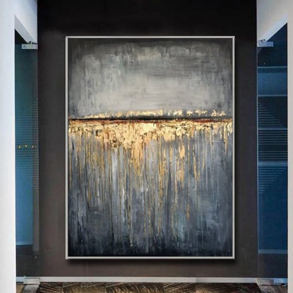 Large Abstract Painting Canvas Grey Abstract Art Gold Painting Simple Abstract Art Minimal Abstract Art Huge Wall Art Framed Wall Art