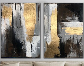 Extra Large Abstract Art Black And White Wall Art Set Of 2 Abstract Painting Large Gold Painting Oil Paintings On Canvas Original