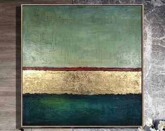 Abstrakte Wandkunst, originales grünes Gemälde auf Leinwand, Blattgold-Kunstwerk, Acrylkunst, in individueller Größe als moderne Wohnzimmer-Wanddekoration