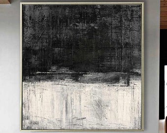 Très grande peinture murale en noir et blanc, peinture abstraite, art contemporain original, tableau surdimensionné, oeuvre d'art à l'huile noir et blanc