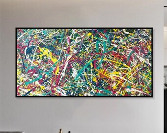 Jackson Pollock Style Colorful Abstract Splatter Art Original Oil Paintings On Canvas Splatter Technique Original Wall Decor 30x60"