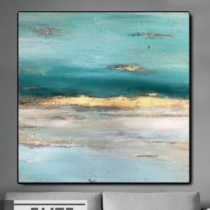 Turquoise & Gold Abstract Canvas Painting – Modern Art