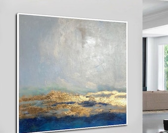 Oversized Gray Abstract Oil Painting with Gold Leaf - Extra Large Canvas Art