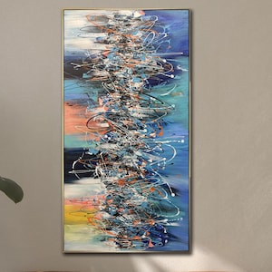 Jackson Pollock Abstract Drip Painting in Blue and Orange Decor