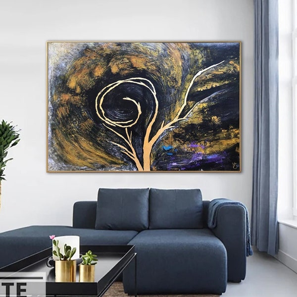 Abstract Nature's Mystique Painting with Golden Swirls Contemporary Wall Art Environmental Art Surreal Tree Painting Whimsical Art 36x54"